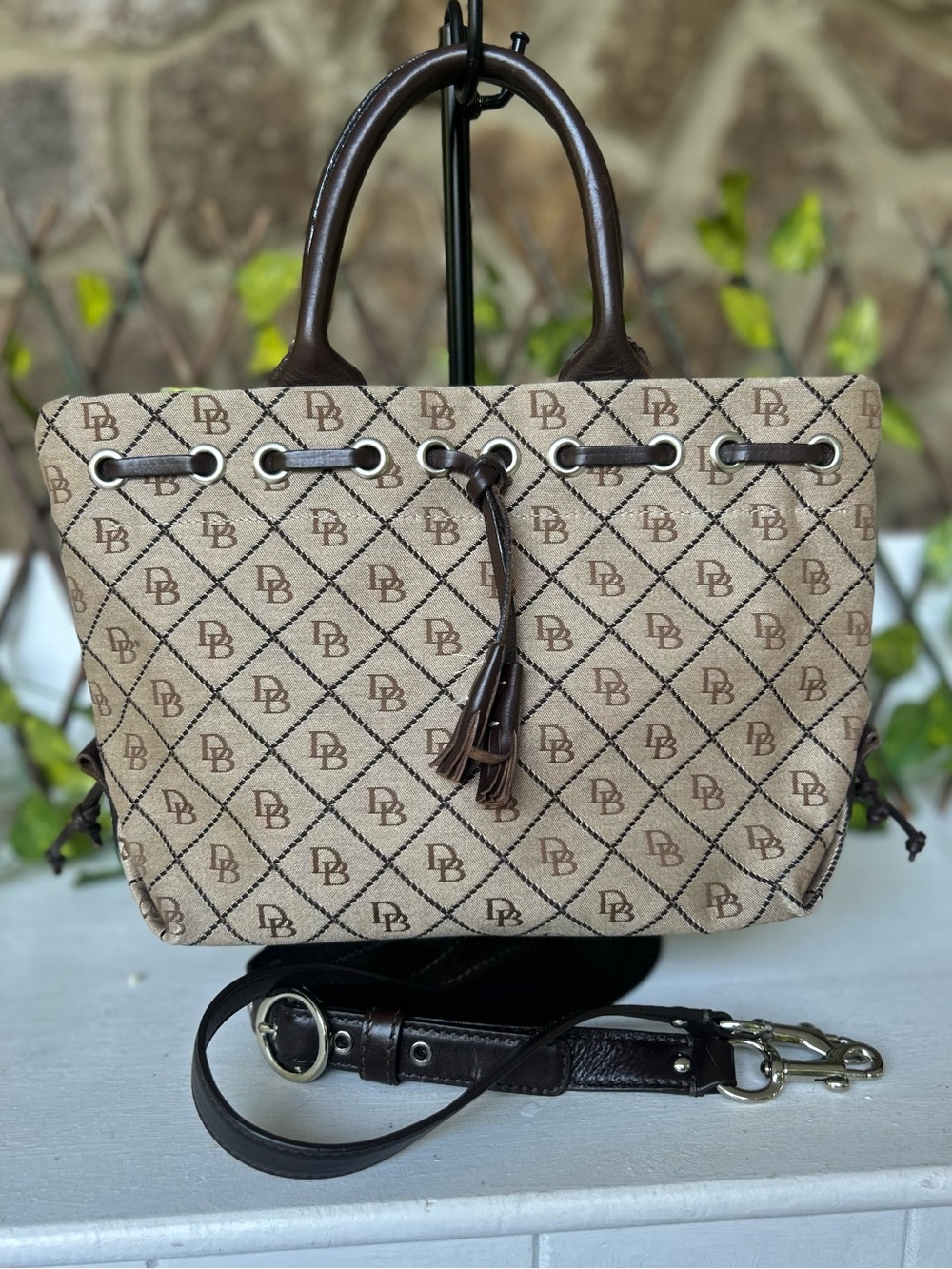 Vintage Dooney & Bourke Signature DB Canvas Drawstring Tote Shoulder Bag Brown